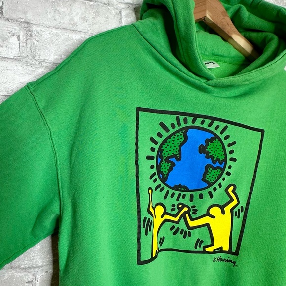 Keith Haring x Cotton On Sweatshirt Hoodie Size Medium Logo Dancing Earth Green - Picture 5 of 10